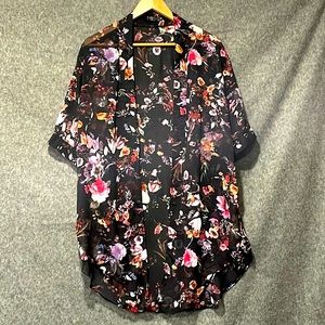 Sheer floral black swim shawl, women medium